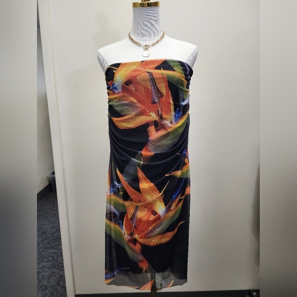 Zara Dresses & Skirts - Zara Strapless Mesh Midi Dress Ruched Side Slit Multicolor Size Medium